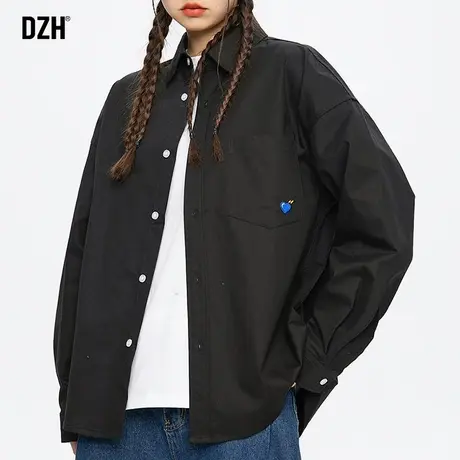 男生休闲黑色长袖衬衫男ins潮秋季开衫日系情侣外套宽松纯棉衬衣商品大图