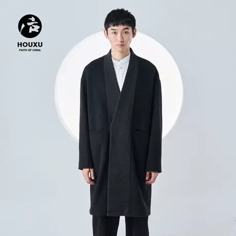 后序中国风毛呢大衣男中长款过膝原创中式复古汉服领 羊毛外套男图片