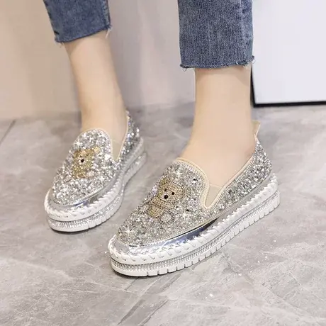 网红单鞋女2023春夏新款厚底休闲懒人一脚蹬乐福鞋水钻百搭豆豆鞋商品大图