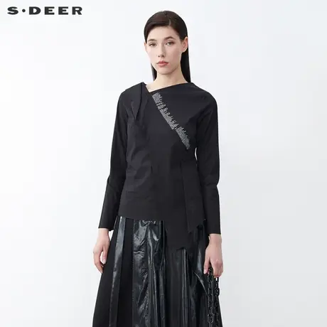 sdeer圣迪奥冬季女装不规则领拼接字母优雅黑色长袖衬衫S20480518图片