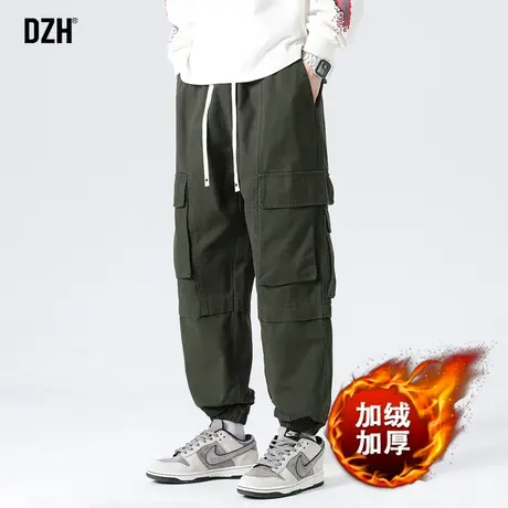 男士军绿色加绒工装裤男秋冬款束脚2023新款男款裤子运动裤休闲裤商品大图