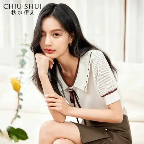 秋水伊人冰丝针织衫2022夏季新款女装百搭娃娃领减龄短袖上衣图片