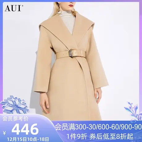 AUI欧货中长款修身黄色毛呢外套女2023冬季新款高端翻领呢子大衣商品大图