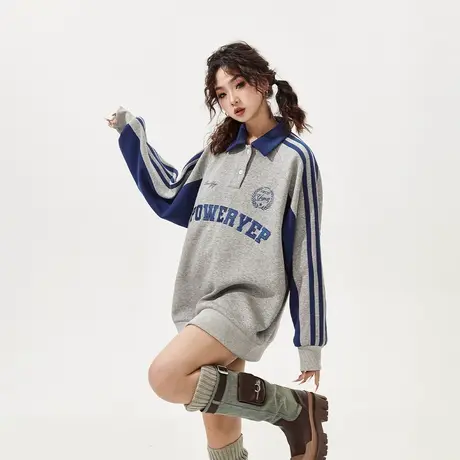 YEP美式学院风拼接POLO领卫衣女2024年新款春装运动条纹翻领上衣商品大图