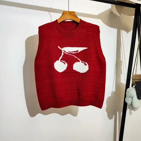 本命年红色樱桃针织马甲女秋冬内搭宽松圆领无袖坎肩毛衣背心外穿图片
