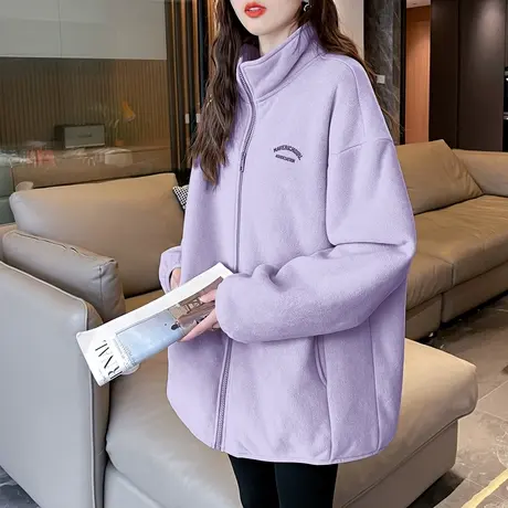 唐狮摇粒绒外套女装加厚秋冬新款韩版休闲夹克加绒上衣黑色气质潮商品大图