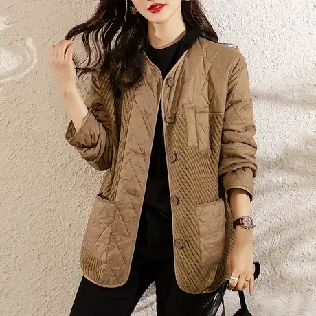 妈妈冬季棉衣宽松加大码女装中老年休闲针织拼接圆领保暖外套棉服商品大图