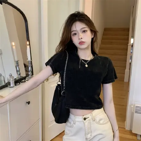 针织短袖女夏季新款韩版小个子短款圆领上衣修身露肚脐黑色体恤衫商品大图