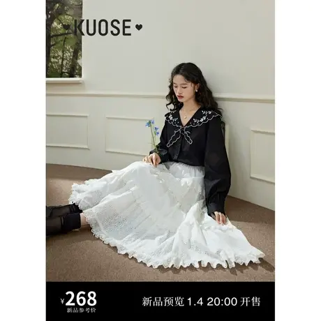 阔色黑色海军领绣花衬衣女2024早春新款蝴蝶结翻领衬衫小众上衣商品大图