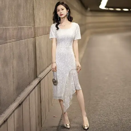 法式晚礼服平时可穿2023新款中长款宴会时尚亮片高级感气质连衣裙图片