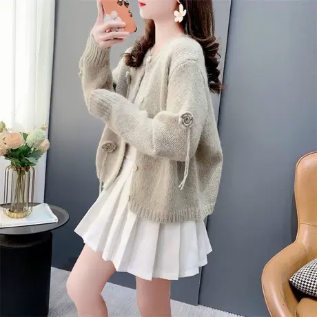 短款小个子甜美立体花朵针织开衫女春季2024年新款设计感毛衣外套商品大图