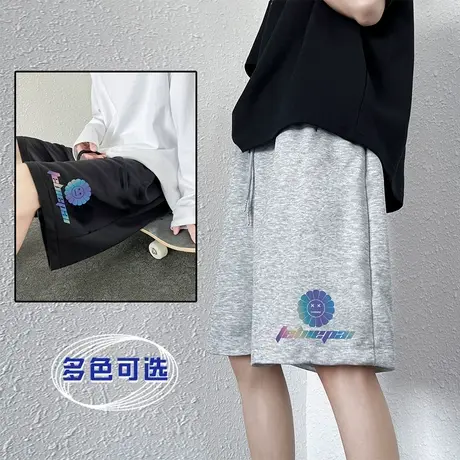 港风休闲运动短裤男夏季ins潮笑脸薄款卫裤宽松大裤衩直筒沙滩裤商品大图