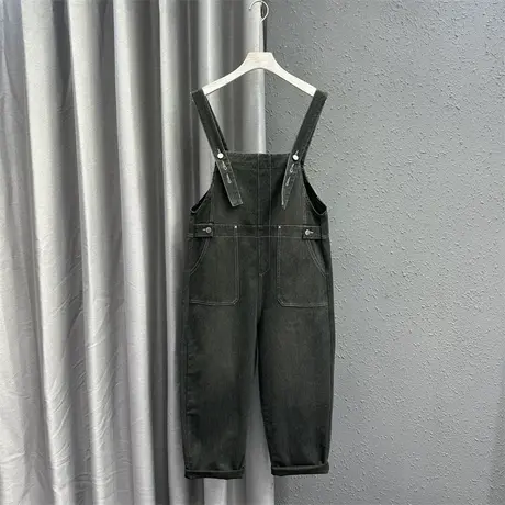 欧货黑色休闲牛仔长裤女2024春季新款高腰宽松显瘦连体直筒背带裤商品大图