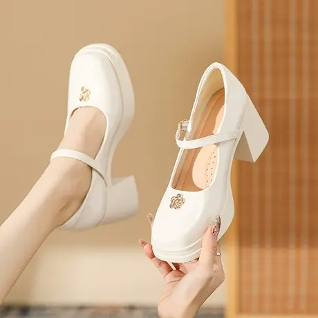 复古小香风高跟鞋女粗跟2024年新款一字扣方头法式玛丽珍鞋小皮鞋图片