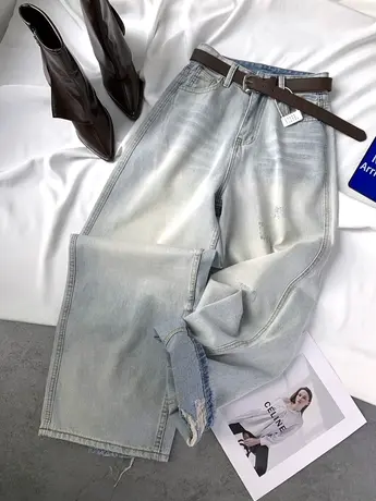 辣妹破洞浅色抓纹高腰牛仔裤女2024春季新款显瘦宽松直筒阔腿长裤商品大图