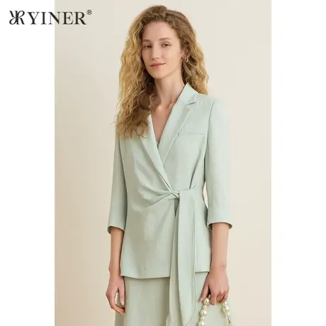YINER音儿女装夏季西装领醋酸七分袖系带短外套图片