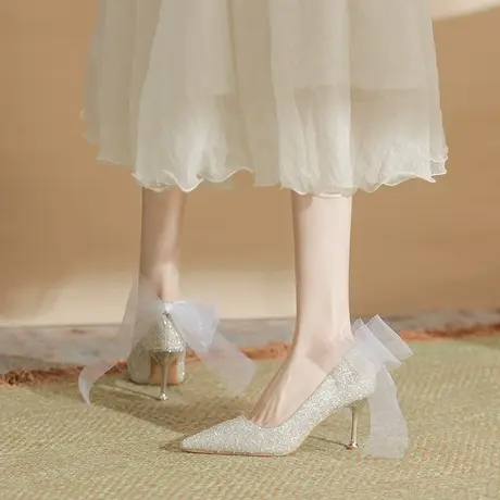 水晶法式高跟鞋女2024春秋新款蝴蝶结亮片尖头名媛气质单鞋配裙子商品大图