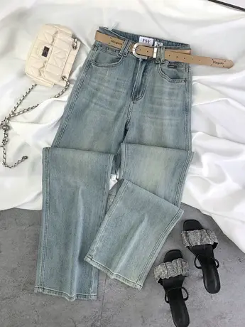 复古磨白配腰带牛仔直筒裤2024春季新款显瘦百搭高腰弹力窄脚长裤商品大图