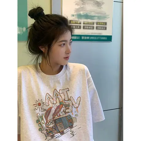 纯棉设计感小众短袖t恤女夏季新款宽松chic港味半袖oversize上衣商品大图