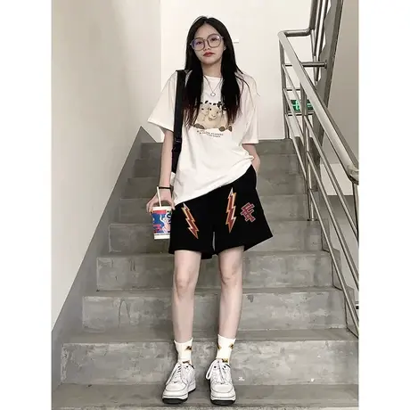 黑色运动短裤女夏季2023新款休闲宽松百搭小个子a字阔腿裤五分裤商品大图