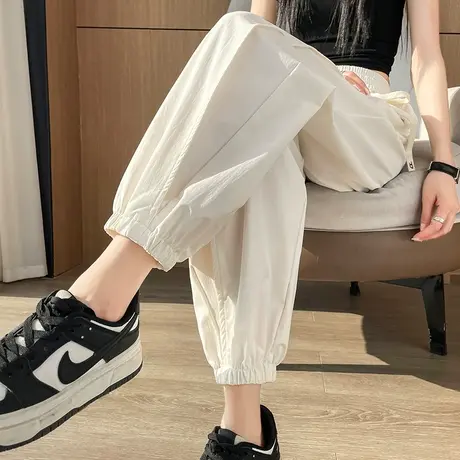 白色运动裤女束脚春夏薄款松紧腰显瘦小个子九分休闲速干哈伦裤子图片