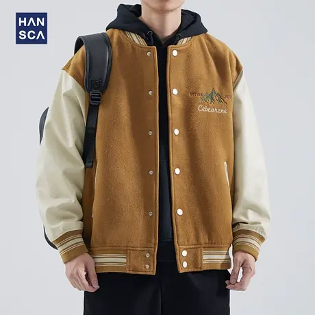 hansca美式重磅PU皮撞色夹克男士秋季潮牌宽松字母刺绣麂皮绒外套商品大图
