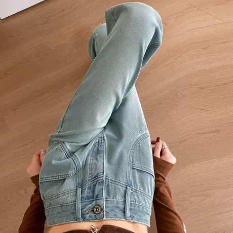 牛仔裤女2024春秋新款蓝色高腰窄版垂感设计感百搭复古拖地阔腿裤图片