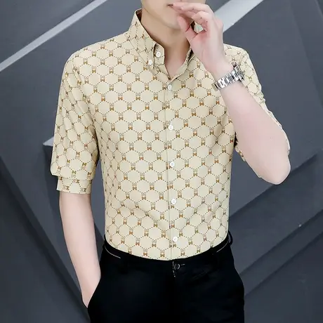 高级感七分袖衬衫男士韩版免烫休闲寸衫半袖夏季薄款痞帅印花衬衣图片