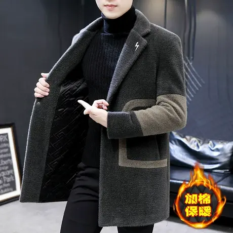 冬季加厚保暖风衣男士韩版潮流毛呢大衣中长款加棉金貂绒呢子外套商品大图