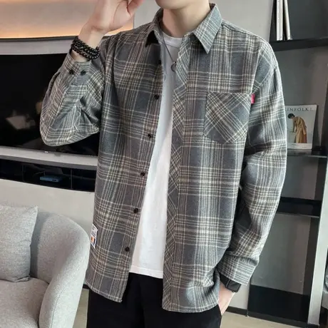 日系格子长袖衬衫男款春秋新款宽松休闲潮牌ins港风寸衣男士外套图片