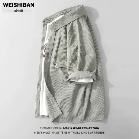 高级感宽松休闲五分袖衬衫男短袖夏季华夫格痞帅衬衣日系工装外套商品大图