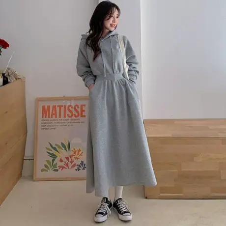 秋冬新款连帽套头卫衣连衣裙女过膝长款韩版收腰显瘦荷叶边打底裙商品大图