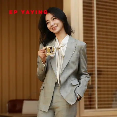 EP雅莹女装 通勤修身格纹羊毛戗驳领西装外套 2023新款1103A商品大图