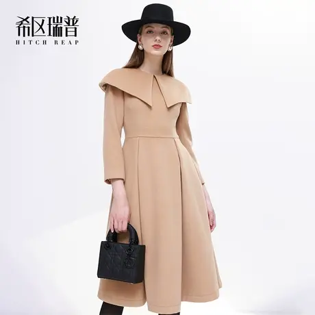 希区瑞普高级感名媛风毛呢伞裙2023新款女秋冬盖肩别致气质连衣裙图片