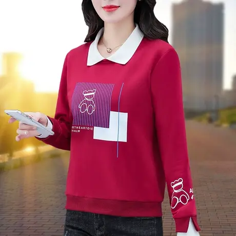 恋上17号红色POLO领卫衣女春秋2023新款爆款时尚洋气春装中年妈图片