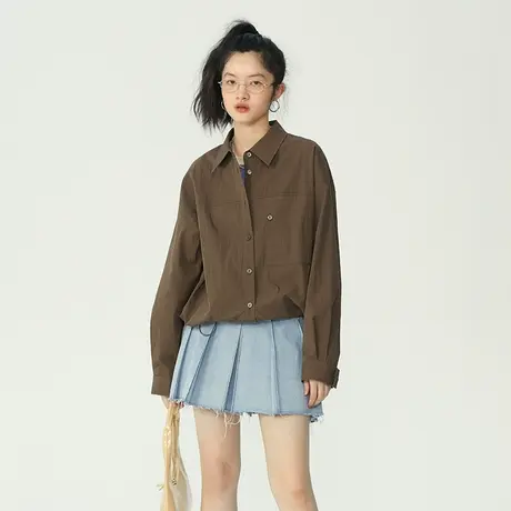 omont蛋挞家 抽绳长袖衬衫女春季2023年新款设计感短款宽松上衣图片