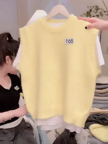 法式纯色针织马甲女2023秋装新款时尚宽松叠穿外搭毛衣马夹上衣洋图片