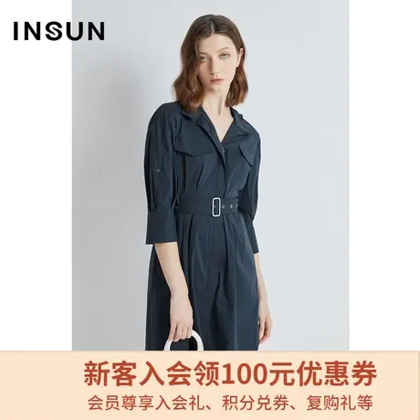 恩裳商场同款棉质修身连衣裙春秋季翻领宽松时尚收腰中长裙图片