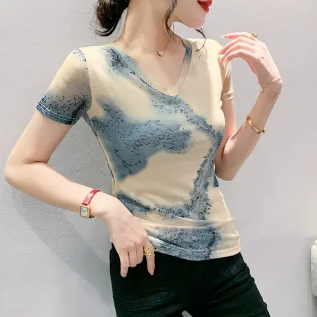 性感V领T恤女短袖欧货扎染印花上衣洋气网纱小衫修身显瘦半袖T恤商品大图