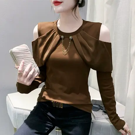 气质减龄圆领荷叶边T恤女长袖性感镂空露肩上衣洋气修身显瘦小衫商品大图