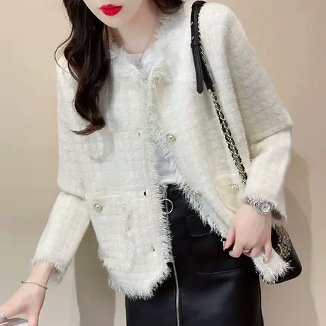 秋装2023新款女士针织水貂绒宽松外套小香风开衫毛衣女千鸟格软糯商品大图