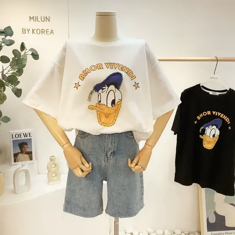 2021夏季新款短袖上衣韩国东大门ins重工水钻亮片鸭子T恤宽松欧货商品大图