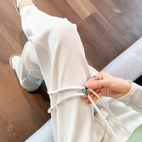 灯芯绒阔腿裤女春秋高腰显瘦垂感宽松直筒裤子雪尼尔米白色休闲裤图片