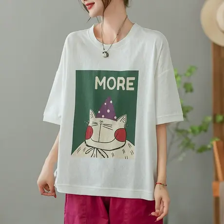 dza卡通字母纯棉短袖T恤女2023夏薄白色打底体恤休闲宽松套头上衣商品大图