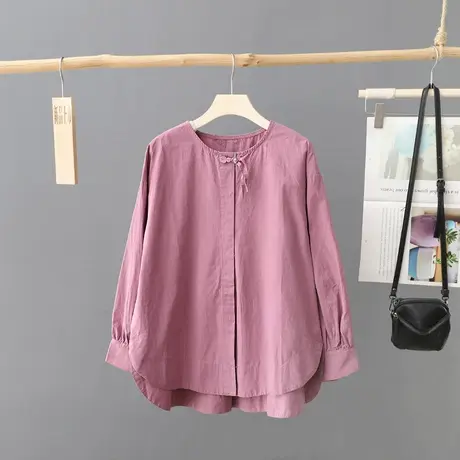 复古文艺盘扣纯色白衬衫女长袖秋装新款宽松圆领休闲上衣打底衬衣商品大图