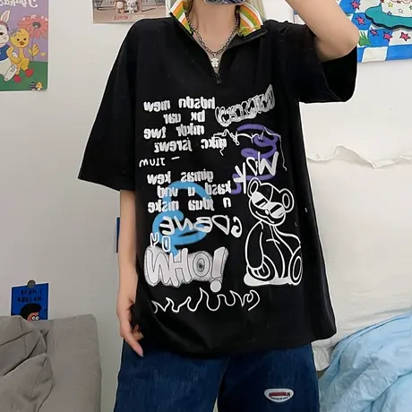 美式复古日系polo衫短袖t恤女夏季半袖设计感小众正肩上衣服ins潮商品大图