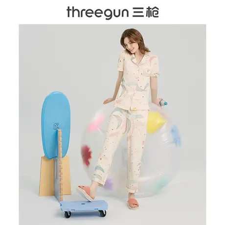 三枪家居套2023新品女士纯棉透气顺滑甜美翻领开襟女睡衣套装图片