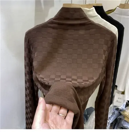 欧货半高领打底衫女2022秋冬新款格子长袖T恤时尚洋气内搭上衣潮图片