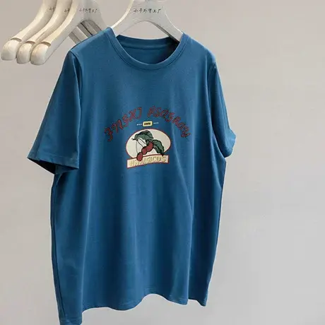 洋气显白！2023新款孔雀蓝樱桃印花圆领短袖T恤宽松休闲上衣图片