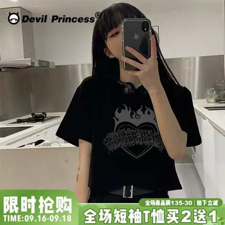 ulzzang高街设计感辣妹短袖t恤女夏原宿风露脐高腰黑色短款上衣潮图片